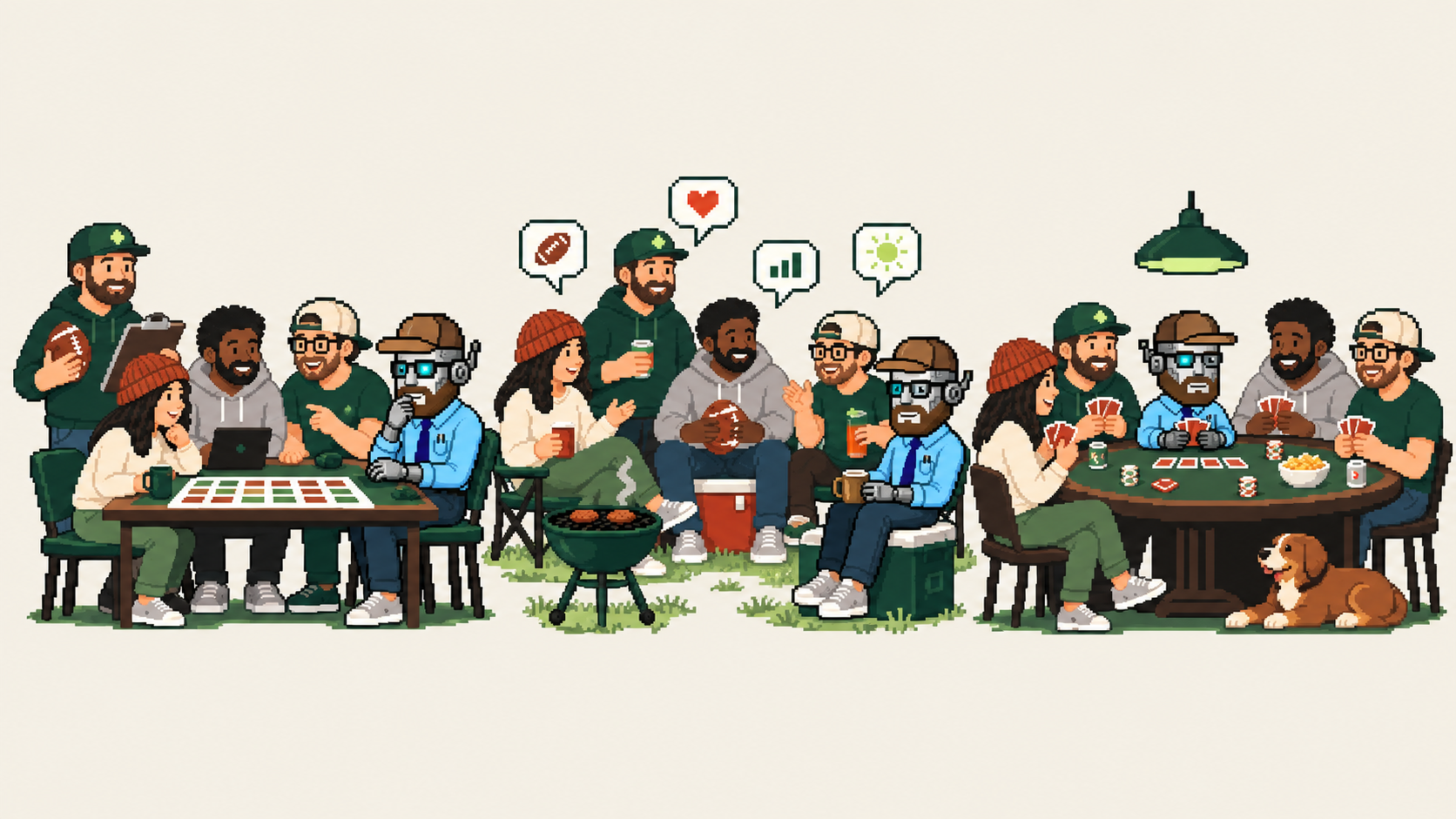 Pixel-art Dadbot playing cards with friends, with a dog beside the table.
