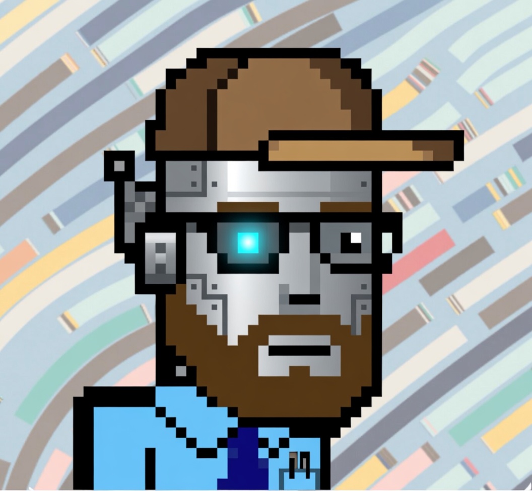 Dadbot in his brown cap, glasses and blue shirt
